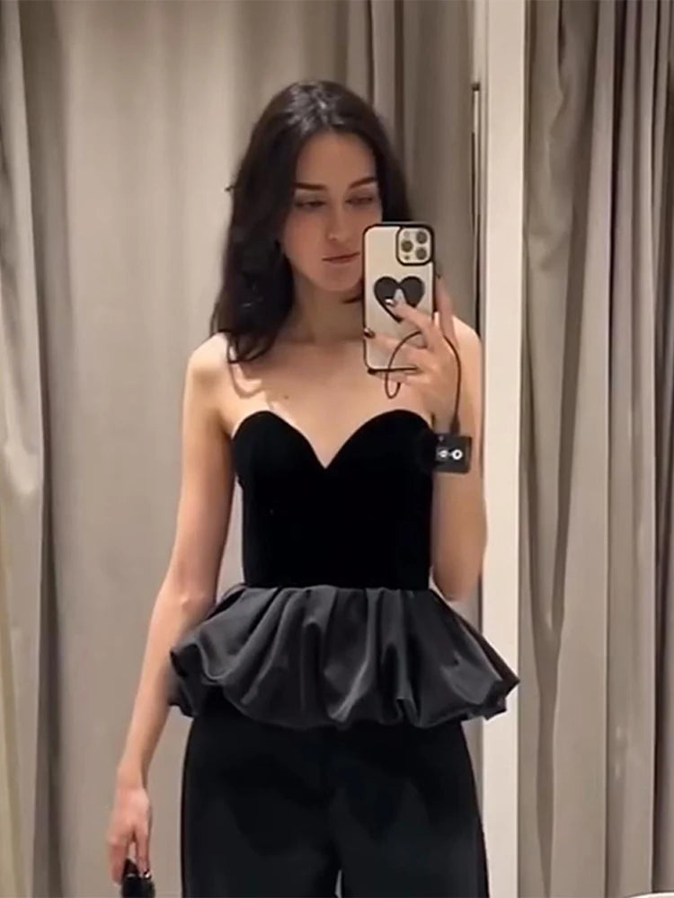 Strapless Tops - Black Velvet Peplum Tube Top – Night Out Essential