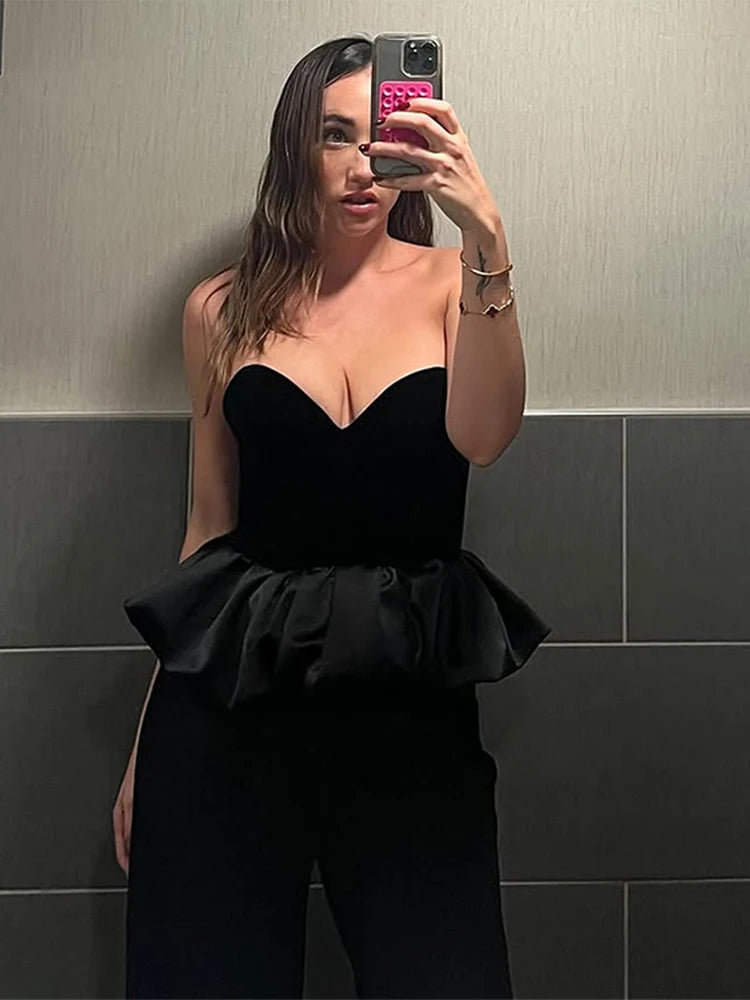 Strapless Tops - Black Velvet Peplum Tube Top – Night Out Essential