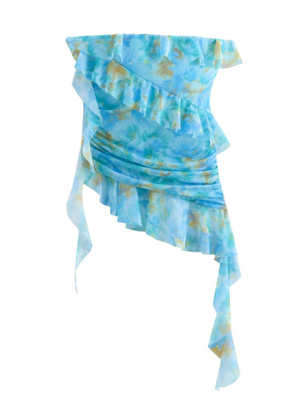 Strapless Tops - Ocean Watercolor Strapless Ruffle Top