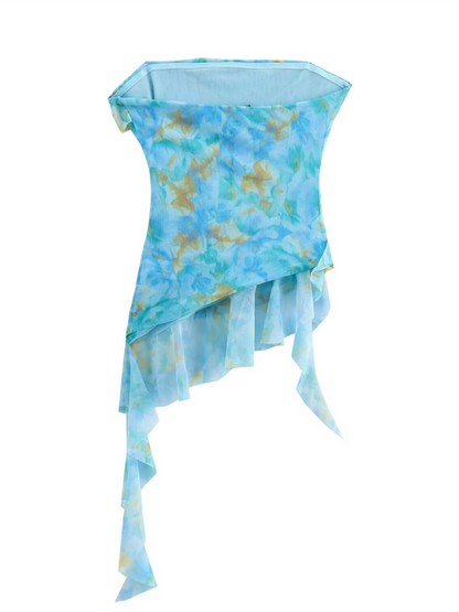 Strapless Tops - Ocean Watercolor Strapless Ruffle Top