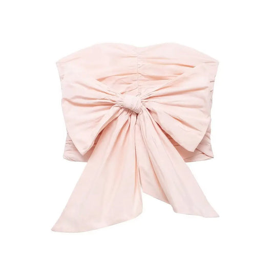 Strapless Tops - Ruched Tube Top Strapless Bow Blouse