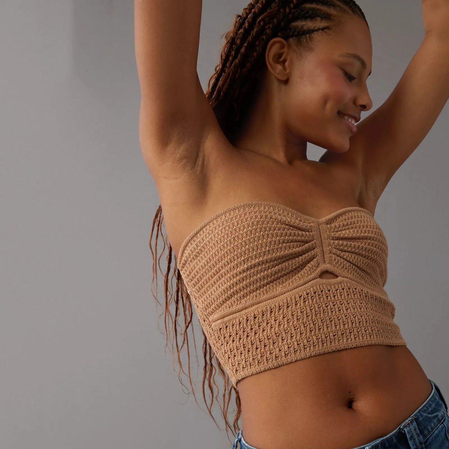 Strapless Tops- Women's Knitting Strapless Tube Knot-Bust Crop Top- Brown- Chuzko Women Clothing