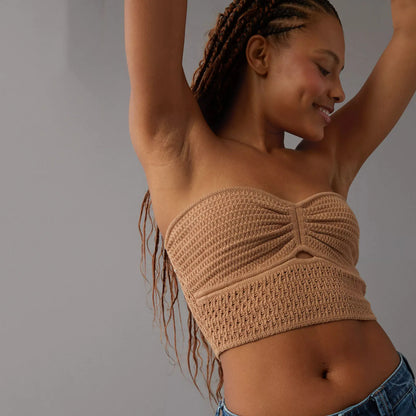 Strapless Tops- Women's Knitting Strapless Tube Knot-Bust Crop Top- Brown- Chuzko Women Clothing