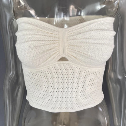 Strapless Tops- Women's Knitting Strapless Tube Knot-Bust Crop Top- - Chuzko Women Clothing