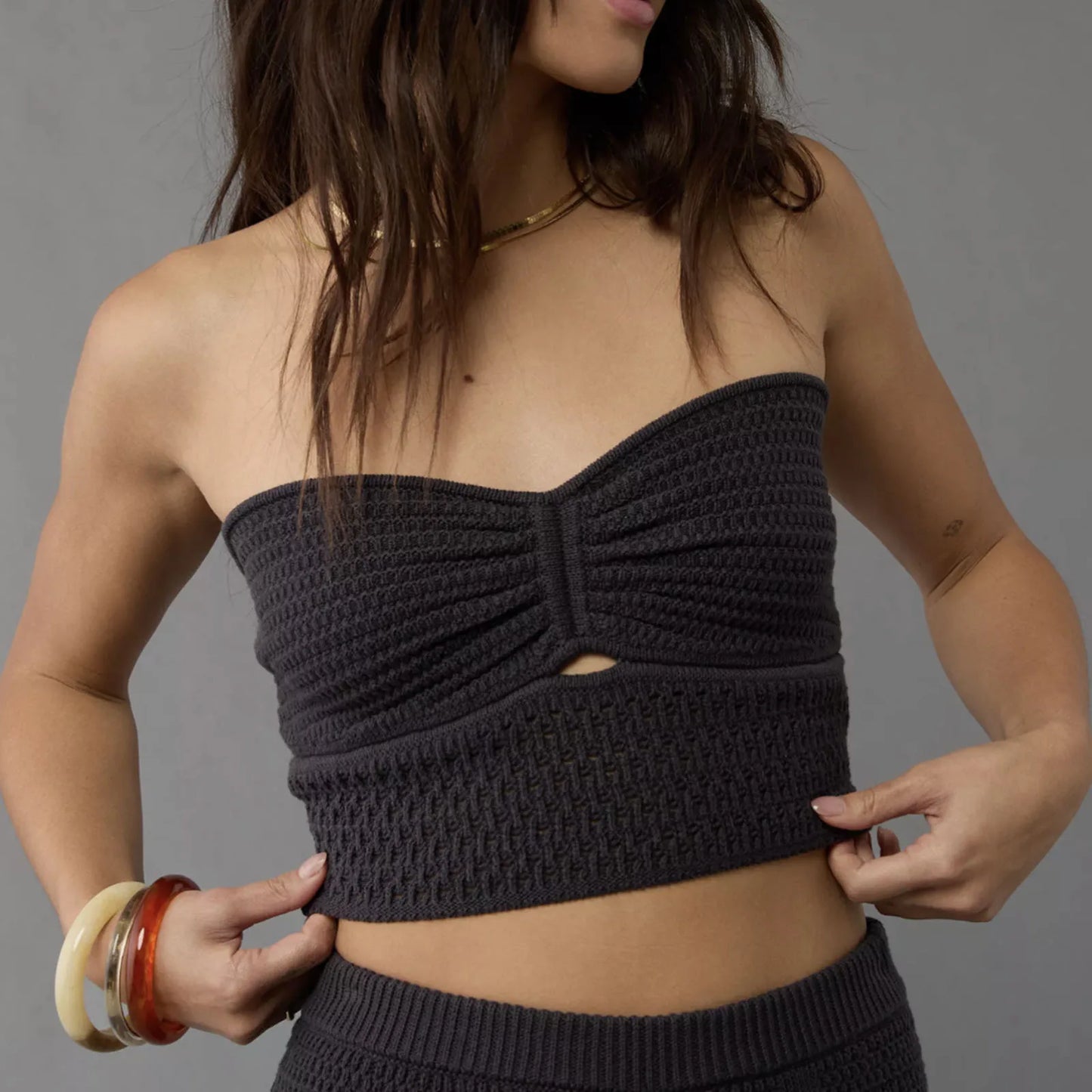 Strapless Tops- Women's Knitting Strapless Tube Knot-Bust Crop Top- Black- Chuzko Women Clothing