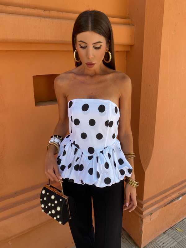 Strapless Tops- Women's Strapless Peplum Top in Polka Dot Print- - Pekosa Women Fashion