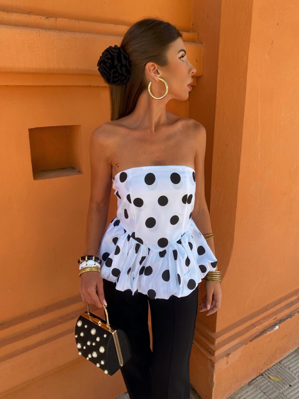 Strapless Tops- Women's Strapless Peplum Top in Polka Dot Print- - Pekosa Women Fashion