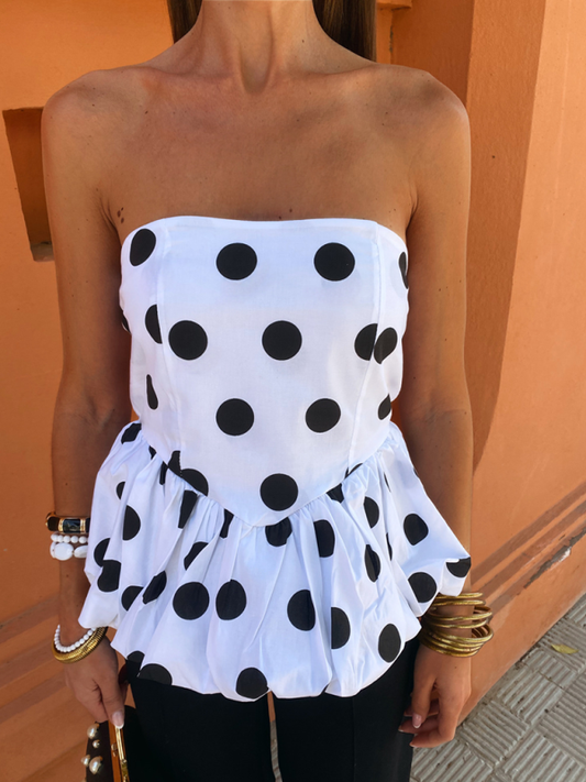 Strapless Tops- Women's Strapless Peplum Top in Polka Dot Print- White- Pekosa Women Fashion