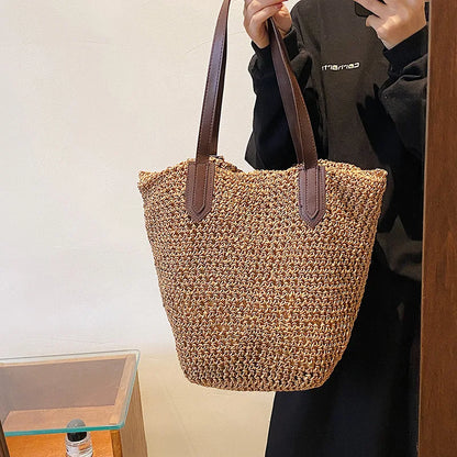 Straw Bags- Natural Straw Zippered Tote for Casual & Beach Outings- light brown- Pekosa Women Fashion