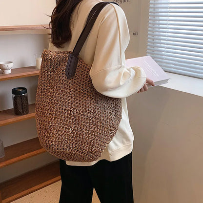 Straw Bags- Natural Straw Zippered Tote for Casual & Beach Outings- - Pekosa Women Fashion