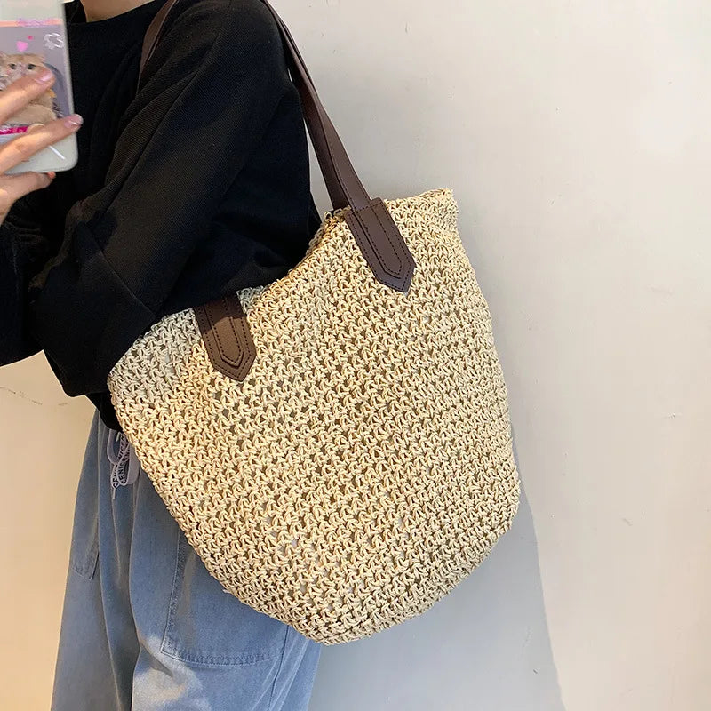 Straw Bags- Natural Straw Zippered Tote for Casual & Beach Outings- Beige- Pekosa Women Fashion