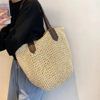 Straw Bags- Natural Straw Zippered Tote for Casual & Beach Outings- - Pekosa Women Fashion