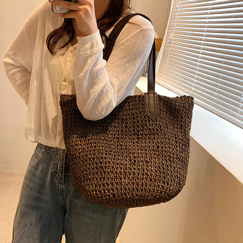 Straw Bags- Natural Straw Zippered Tote for Casual & Beach Outings- - Pekosa Women Fashion