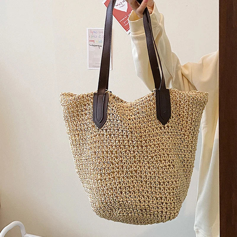 Straw Bags- Natural Straw Zippered Tote for Casual & Beach Outings- - Pekosa Women Fashion