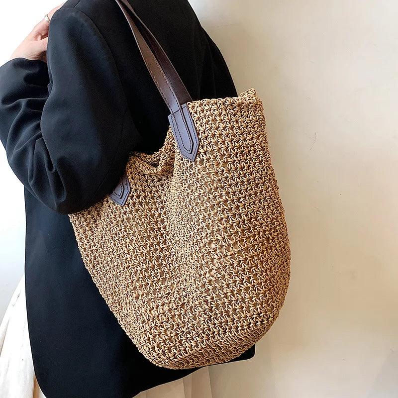 Straw Bags- Natural Straw Zippered Tote for Casual & Beach Outings- - Pekosa Women Fashion