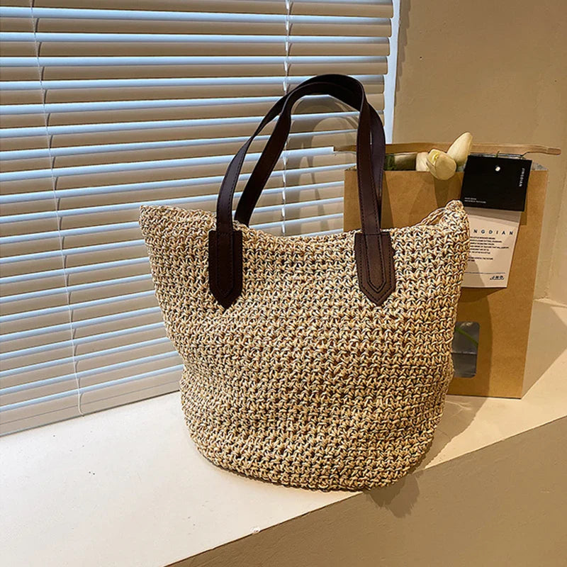 Straw Bags- Natural Straw Zippered Tote for Casual & Beach Outings- - Pekosa Women Fashion