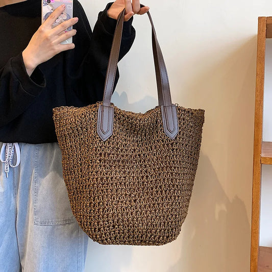 Straw Bags- Natural Straw Zippered Tote for Casual & Beach Outings- - Pekosa Women Fashion
