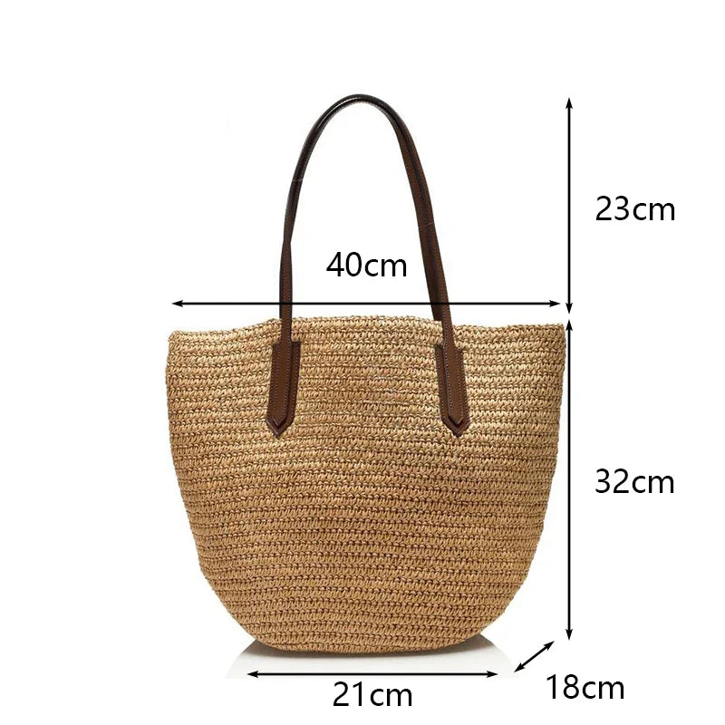 Straw Bags- Natural Straw Zippered Tote for Casual & Beach Outings- - Pekosa Women Fashion