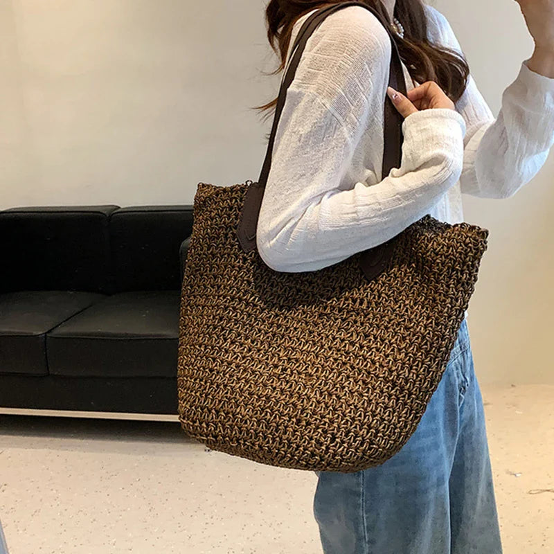 Straw Bags- Natural Straw Zippered Tote for Casual & Beach Outings- Deep brown- Pekosa Women Fashion