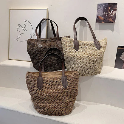 Straw Bags- Natural Straw Zippered Tote for Casual & Beach Outings- - Pekosa Women Fashion