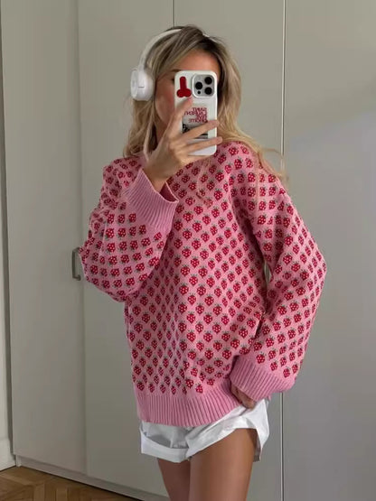 Strawberry Pattern Knit Sweater Playful Pullover