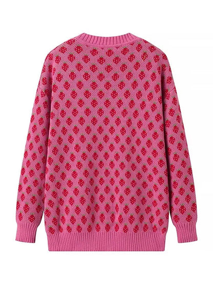 Strawberry Pattern Knit Sweater Playful Pullover