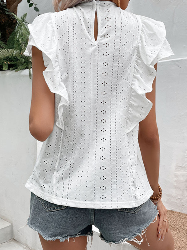 Summer Blouses- Eyelet Ruffle Panel T-Shirt Blouse for Versatile Summer Looks- - Pekosa Women Fashion