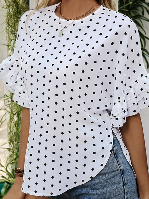 Dotted Curved Blouse with Layered Polka Dot Sleeves for Women