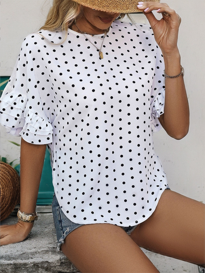 Gepunktete, geschwungene Bluse mit mehrlagigen Polka Dot-Ärmeln für Damen