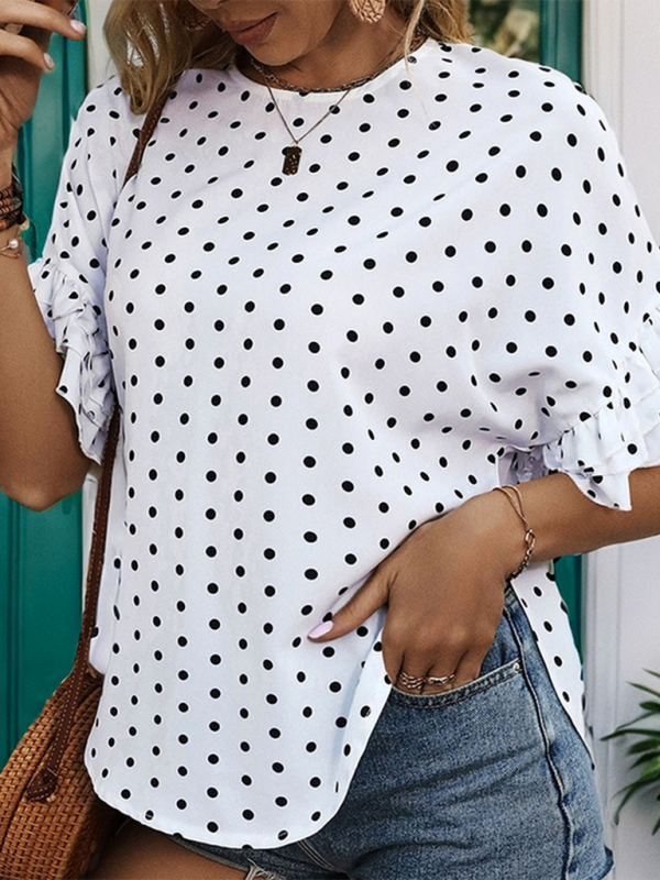 Dotted Curved Blouse with Layered Polka Dot Sleeves for Women