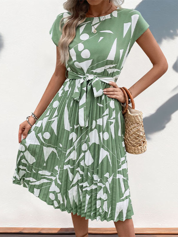 Summer Dresses- Artful Abstract Print Pleated Midi Dress- Mint Green- Pekosa Women Fashion