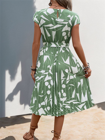 Summer Dresses- Artful Abstract Print Pleated Midi Dress- - Pekosa Women Fashion