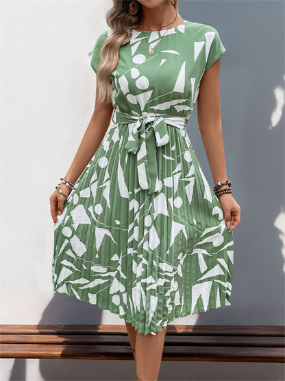 Summer Dresses- Artful Abstract Print Pleated Midi Dress- - Pekosa Women Fashion