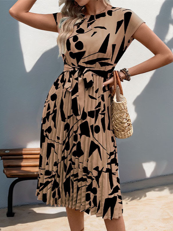 Summer Dresses- Artful Abstract Print Pleated Midi Dress- - Pekosa Women Fashion