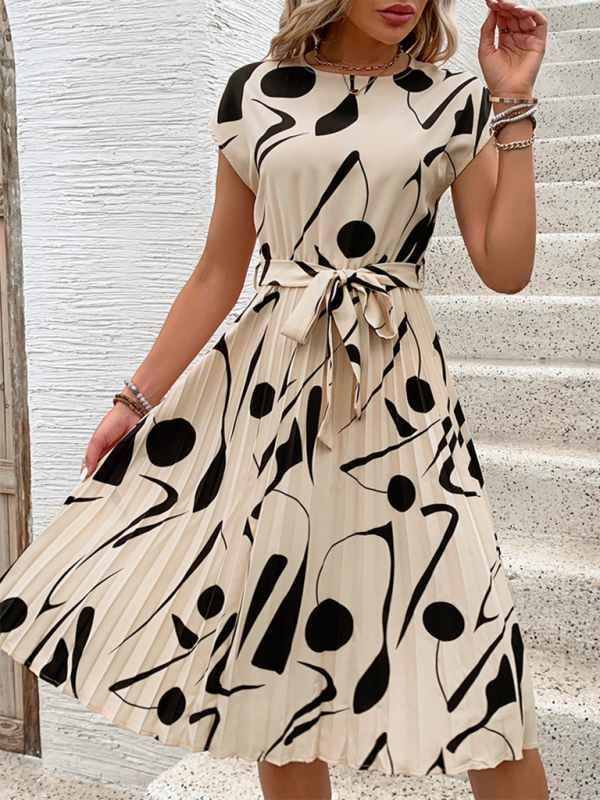 Summer Dresses- Artful Abstract Print Pleated Midi Dress- - Pekosa Women Fashion