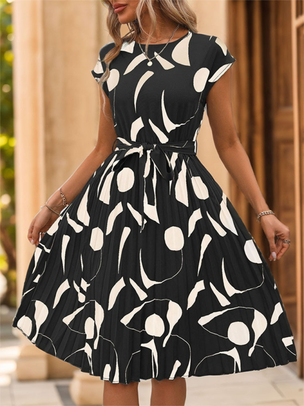 Summer Dresses- Artful Abstract Print Pleated Midi Dress- Black- Pekosa Women Fashion