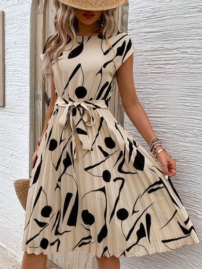 Summer Dresses- Artful Abstract Print Pleated Midi Dress- - Pekosa Women Fashion