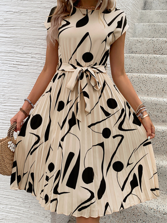 Summer Dresses- Artful Abstract Print Pleated Midi Dress- Cracker khaki- Pekosa Women Fashion