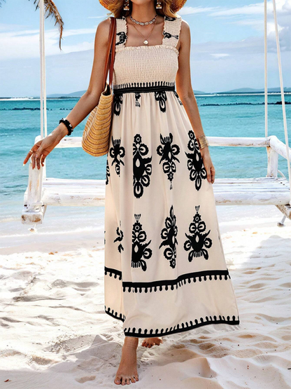 Summer Dresses- Boho Folkloric Print Maxi Dress for Casual Walks & Festive Occasions- Cracker khaki- Pekosa Women Fashion