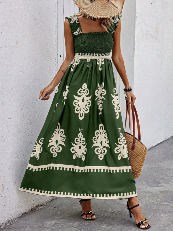 Summer Dresses- Boho Folkloric Print Maxi Dress for Casual Walks & Festive Occasions- Green- Pekosa Women Fashion