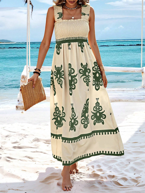 Summer Dresses- Boho Folkloric Print Maxi Dress for Casual Walks & Festive Occasions- Olive green- Pekosa Women Fashion