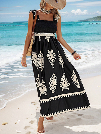 Summer Dresses- Boho Folkloric Print Maxi Dress for Casual Walks & Festive Occasions- - Pekosa Women Fashion