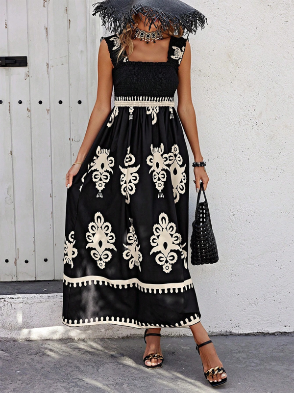 Summer Dresses- Boho Folkloric Print Maxi Dress for Casual Walks & Festive Occasions- Black- Pekosa Women Fashion