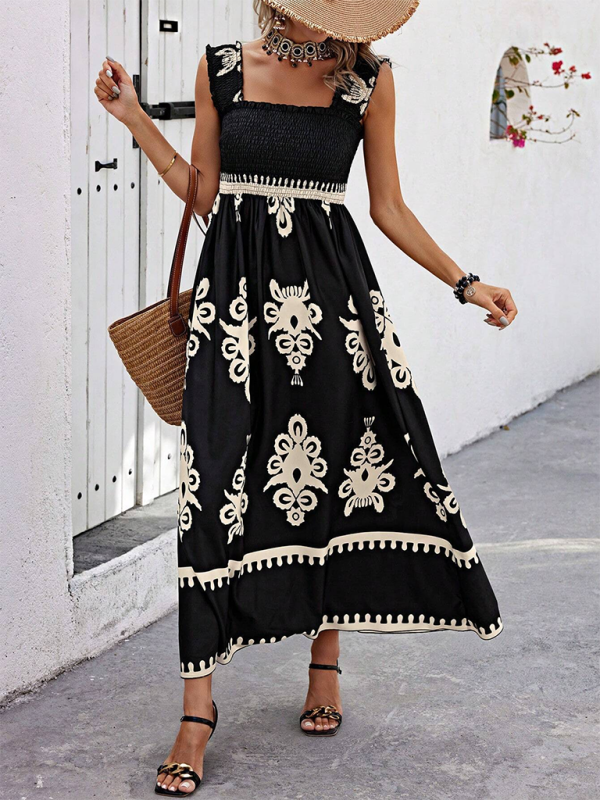 Summer Dresses- Boho Folkloric Print Maxi Dress for Casual Walks & Festive Occasions- - Pekosa Women Fashion