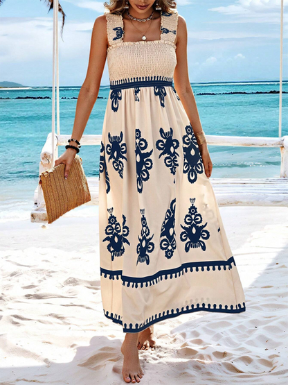 Summer Dresses- Boho Folkloric Print Maxi Dress for Casual Walks & Festive Occasions- Blue- Pekosa Women Fashion