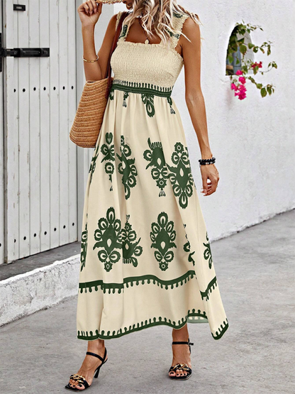 Summer Dresses- Boho Folkloric Print Maxi Dress for Casual Walks & Festive Occasions- - Pekosa Women Fashion