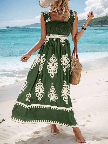 Summer Dresses- Boho Folkloric Print Maxi Dress for Casual Walks & Festive Occasions- - Pekosa Women Fashion