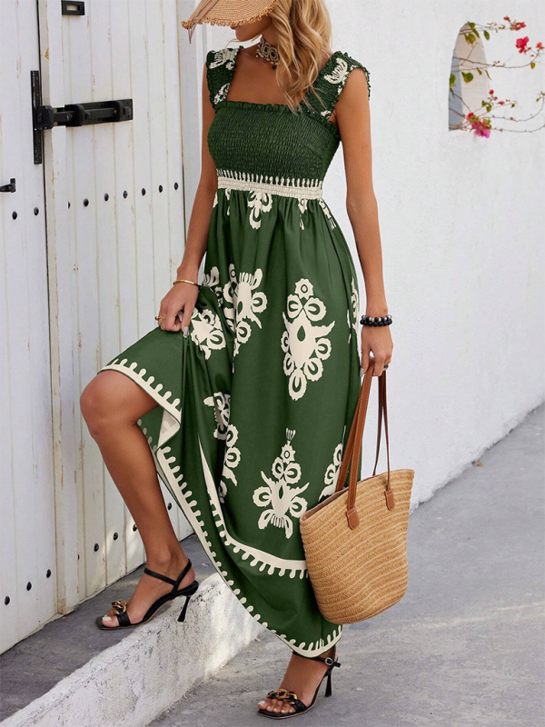 Summer Dresses- Boho Folkloric Print Maxi Dress for Casual Walks & Festive Occasions- - Pekosa Women Fashion