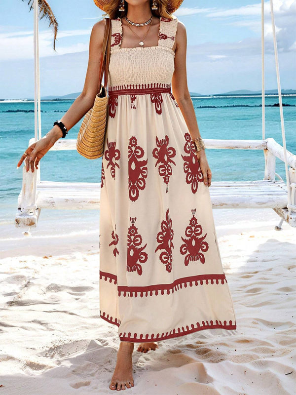 Summer Dresses- Boho Folkloric Print Maxi Dress for Casual Walks & Festive Occasions- Wine Red- Pekosa Women Fashion