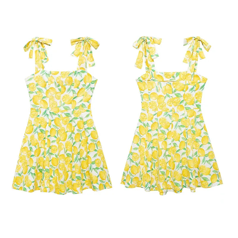 Summer Dresses- Bright Summer Lemon Print Dress for Beach Days and Picnics- - Pekosa Women Fashion